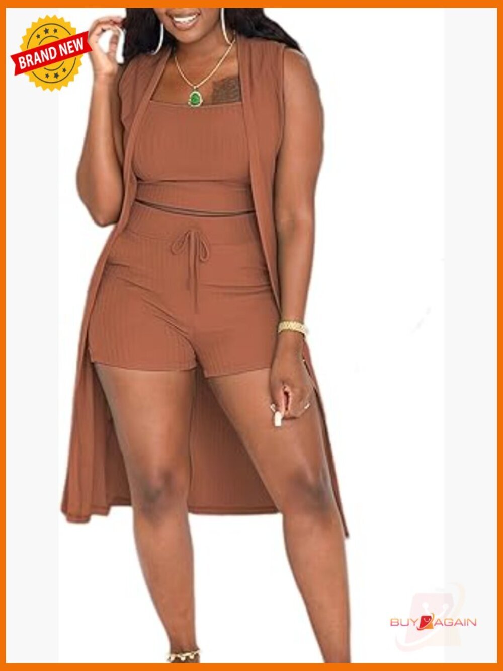 Ribbed 3 Piece Lounge Set: Cardigan, Crop Top & Shorts